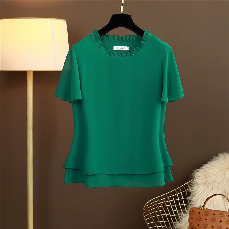 

Летняя женская модная свободная шифоновая блузка больших размеров с коротким рукавом, кружевным воротником и эффектом утяжки живота, универсальная модель