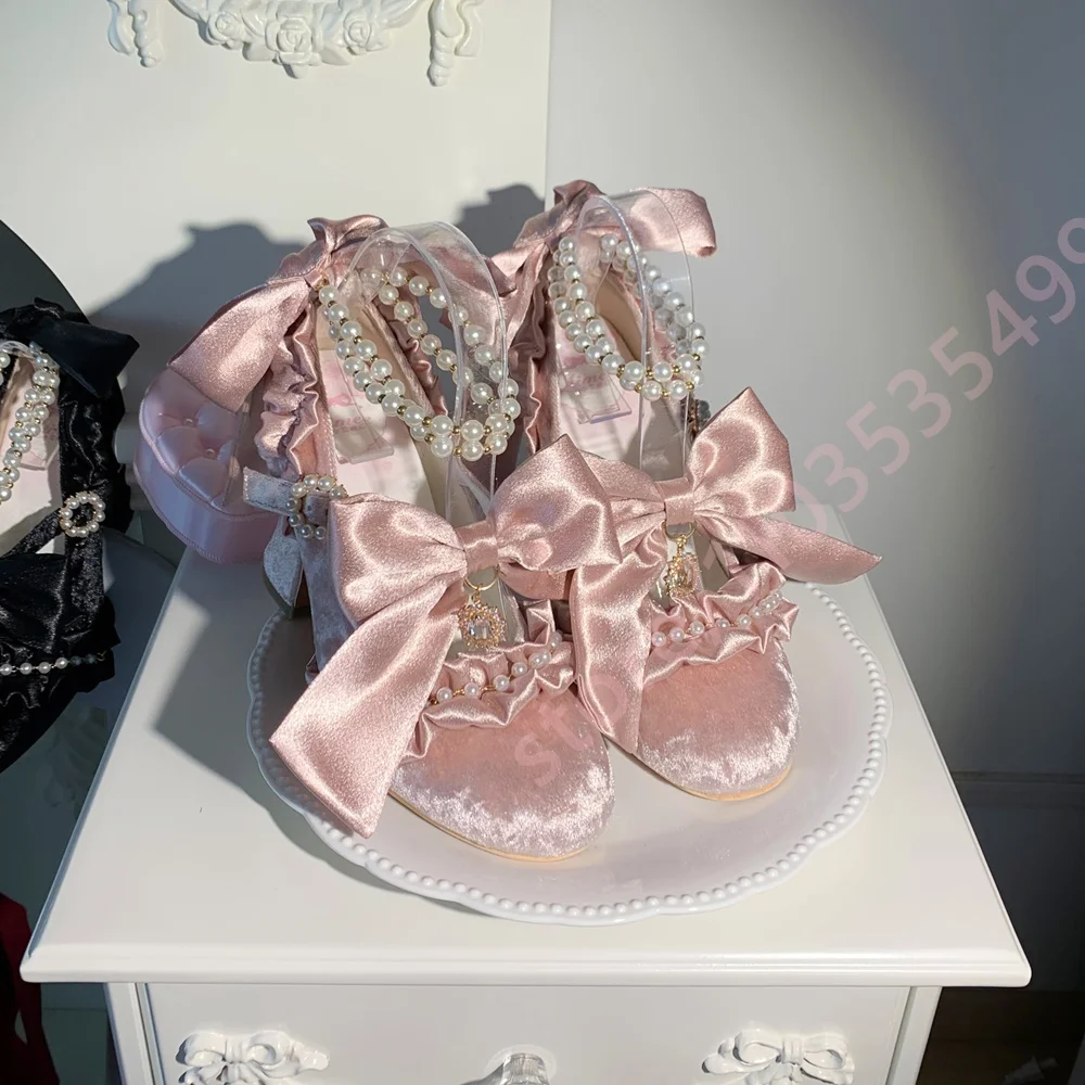 Women Sweet Lolita Shoes Round Toe Chunky Heel Pearl Ankle Strap Satin Bow Ruffle Decor Elegant Princess Party Dress Footwear