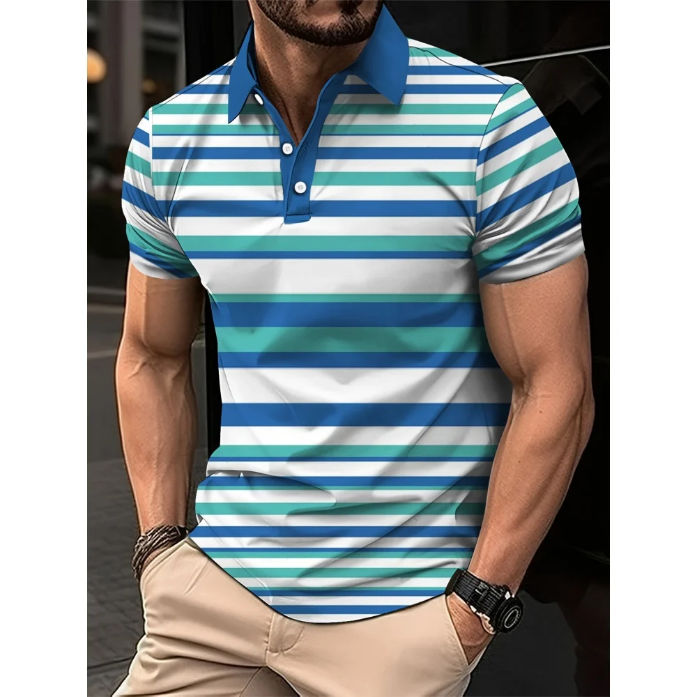 Men's Short Sleeved Tee Collared 3D Printed Striped Polo Shirt Breathable Men Summer Top Loose Fitting Fashion Men's Polo Shirt