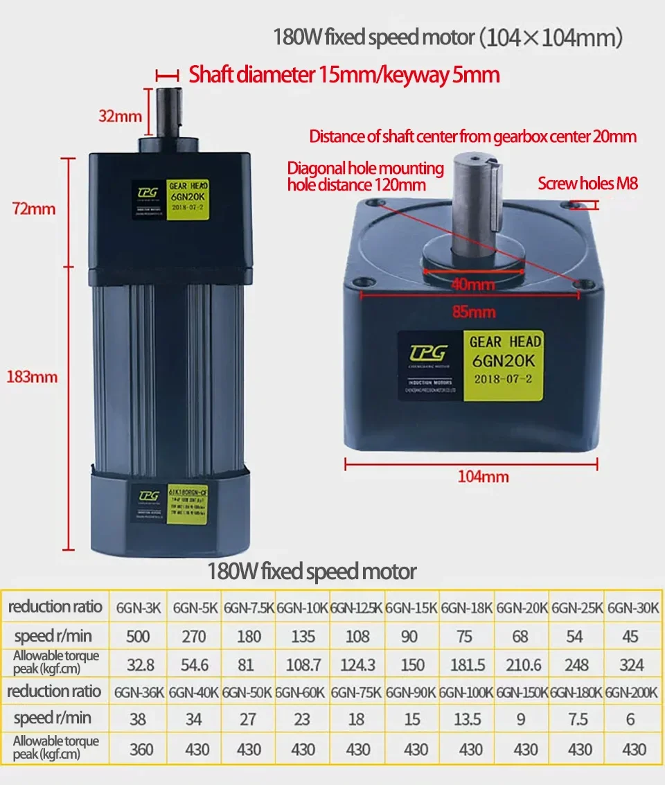 Imagem -06 - Motor de Velocidade Fixa 6ik180gn-yf Engrenagem ca Trifásico Alto Torque Desaceleração Motor Assíncrono 180w 380v