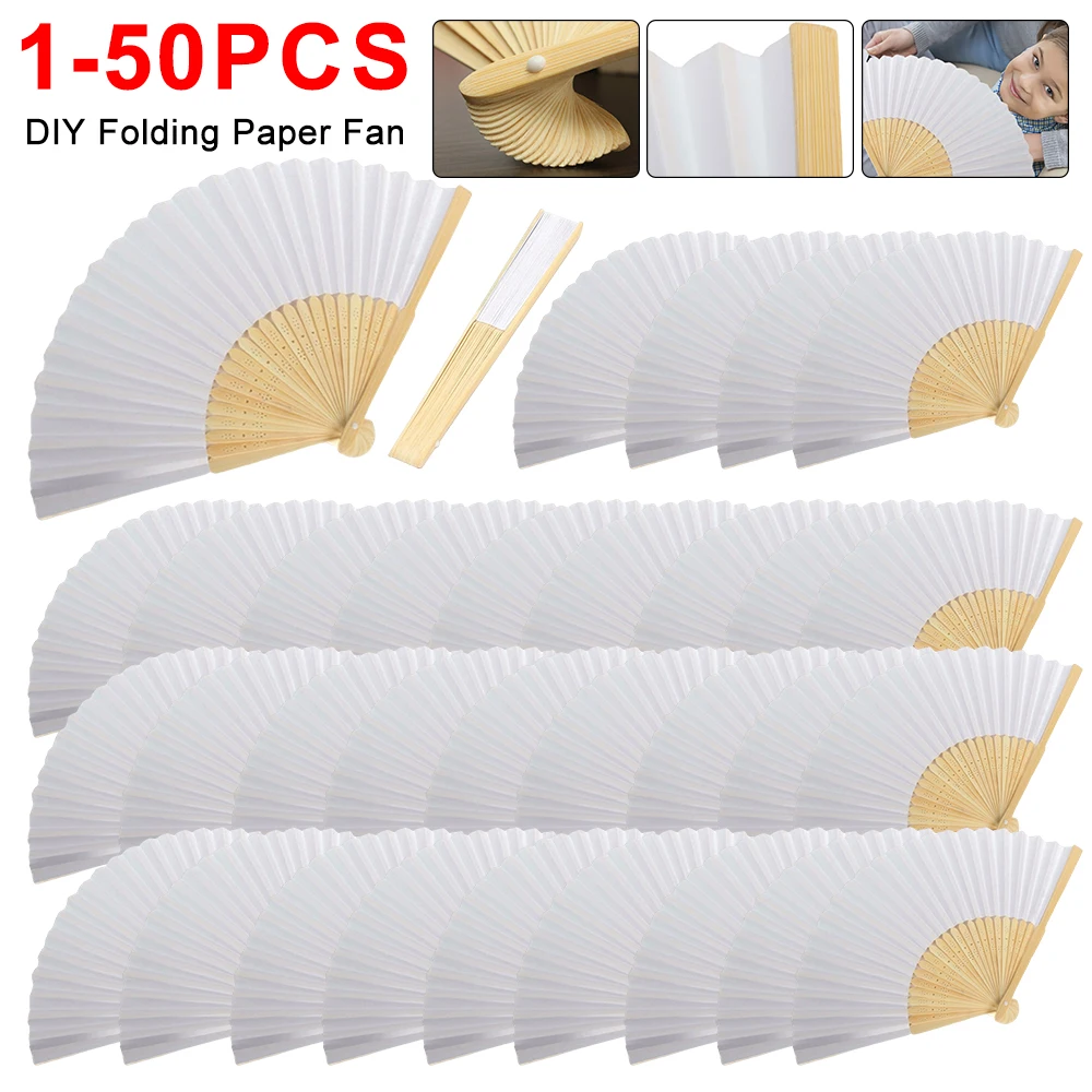 

1-50PCS DIY Paper Bamboo Folding Fan White Foldable Paper Fan Portable Chinese Bamboo Fan Children's Calligraphy Painting Fan