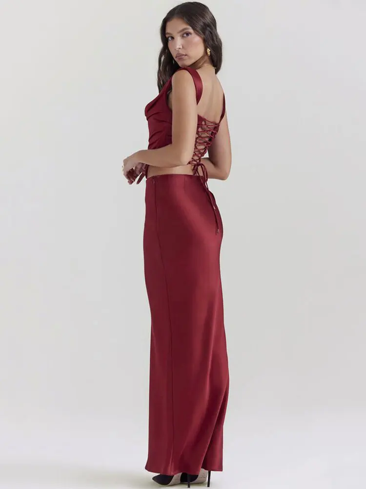 Sexy Women Wine Red Satin Long Skirt Set with Sleeveless Slim Fit Drawstring Short Shaped Top and High Waist Skirt Two Piece Set