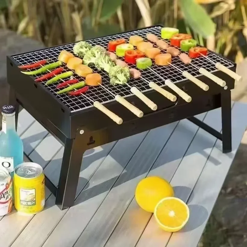 Barbecue portable au charbon de bois en acier inoxydable, petit kit d'outils de barbecue, cuisine en plein air, camping, pique-nique, plage, barbecue portable