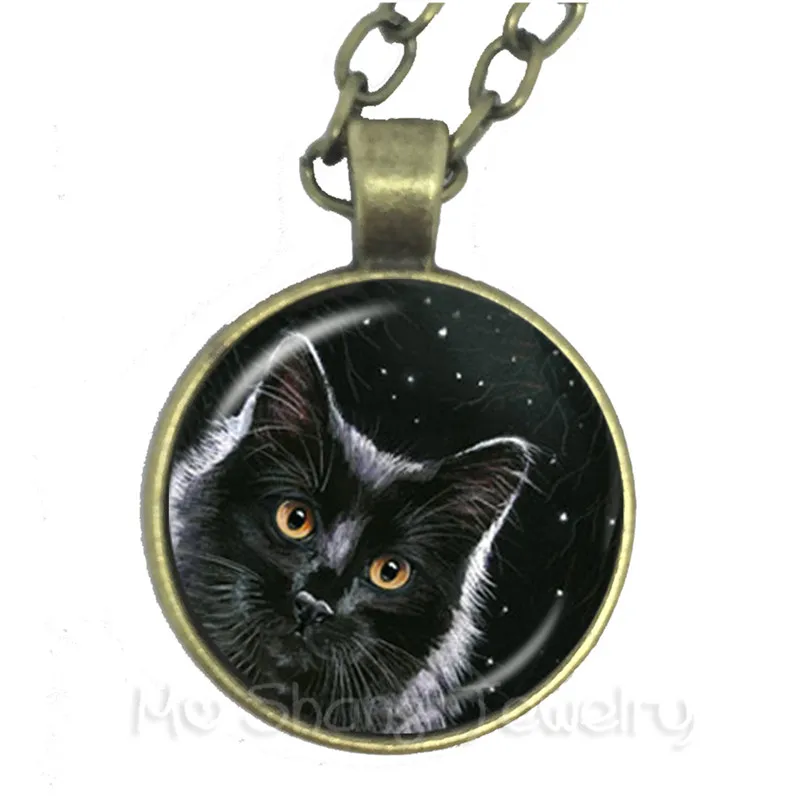 Black Cat Peeping Picture Round Glass Dome Necklace Animal Pattern Series Pendant Cat Lover Gift Handmade Fashion Sweater chain