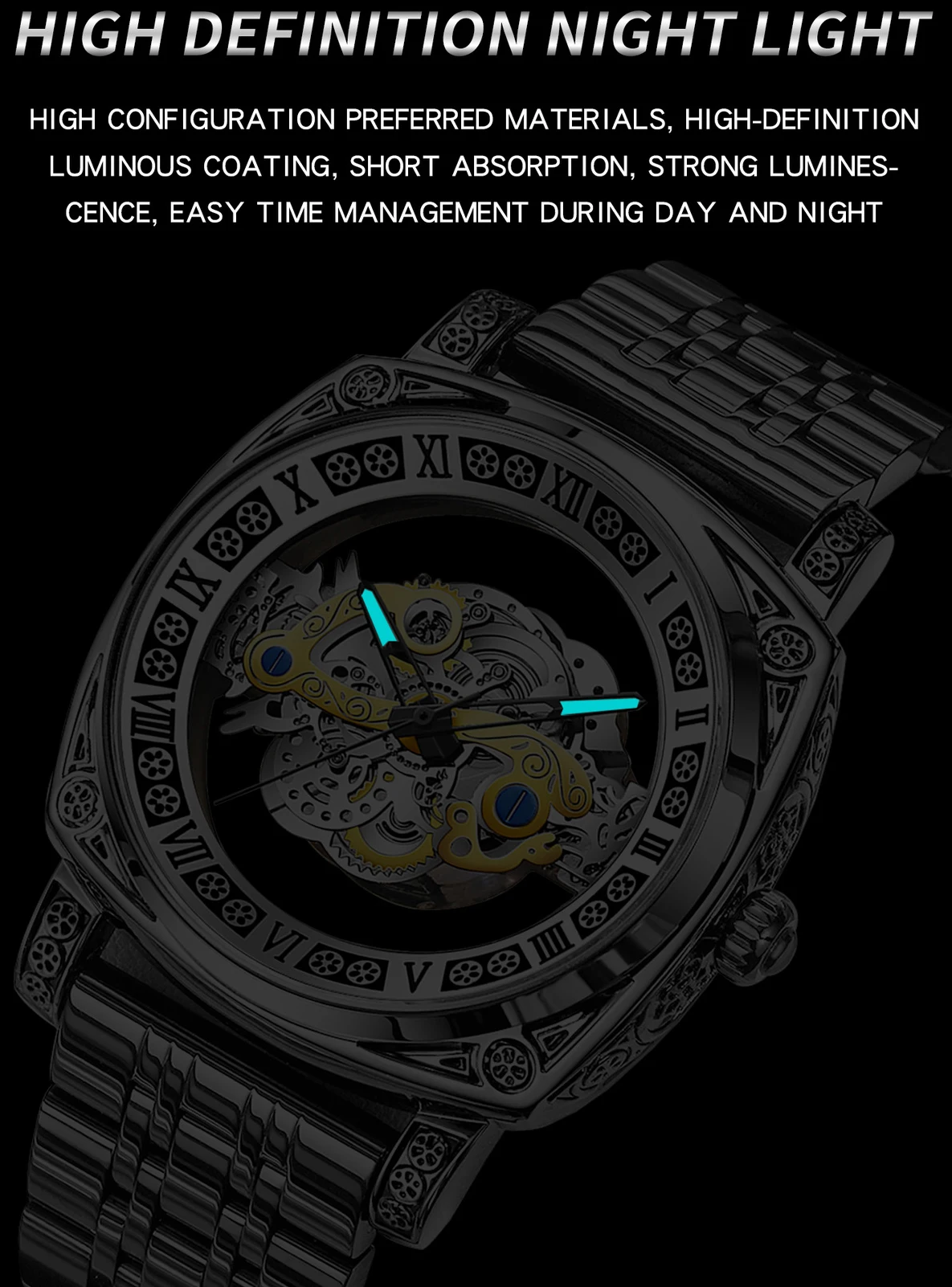 メンズ腕時計スポーツレトロ彫刻本革ステンレス鋼トゥールビヨン防水中空男性ファッションクォーツ時計ギフト