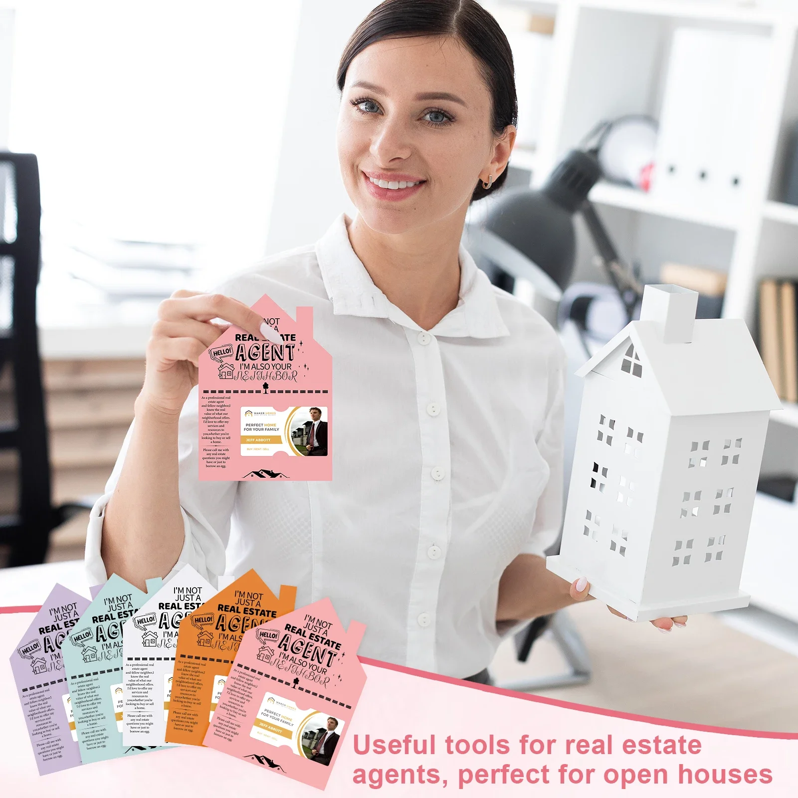 مجموعة من 50 قطعة من بطاقات وكيل العقارات على شكل منزل (5 × 7 بوصات) فتحة بطاقة عمل - 5 ألوان - مستلزمات تسويق منزلية مفتوحة للحقيقي