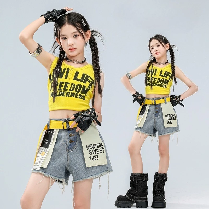 

Girls Kpop Hip Hop Clothing Set Yellow Vest Denim Shorts Cool Stage Dance Clothes Set Group Jazz Stage Performance Wear Costume