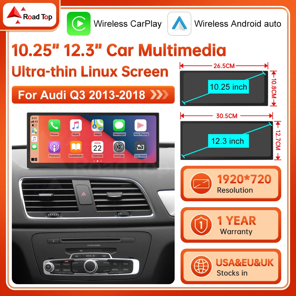 Für DE Ultra-dünnes Linux Touchscreen Autoradio Multimedia für Audi Q3 2012-2018 unterstützt Wireless CarPlay, Android Auto, Airplay, Autolink.
