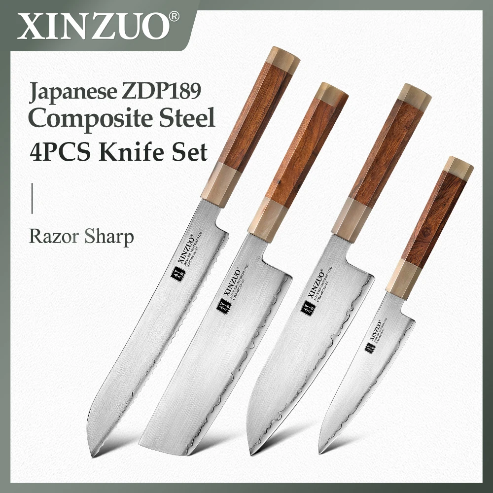 

XINZUO 4PCS Kitchen Knife Set Japanese ZDP189 Composite Steel Utility Santoku Nakiri Bread Knife Sharp And Long-lasting