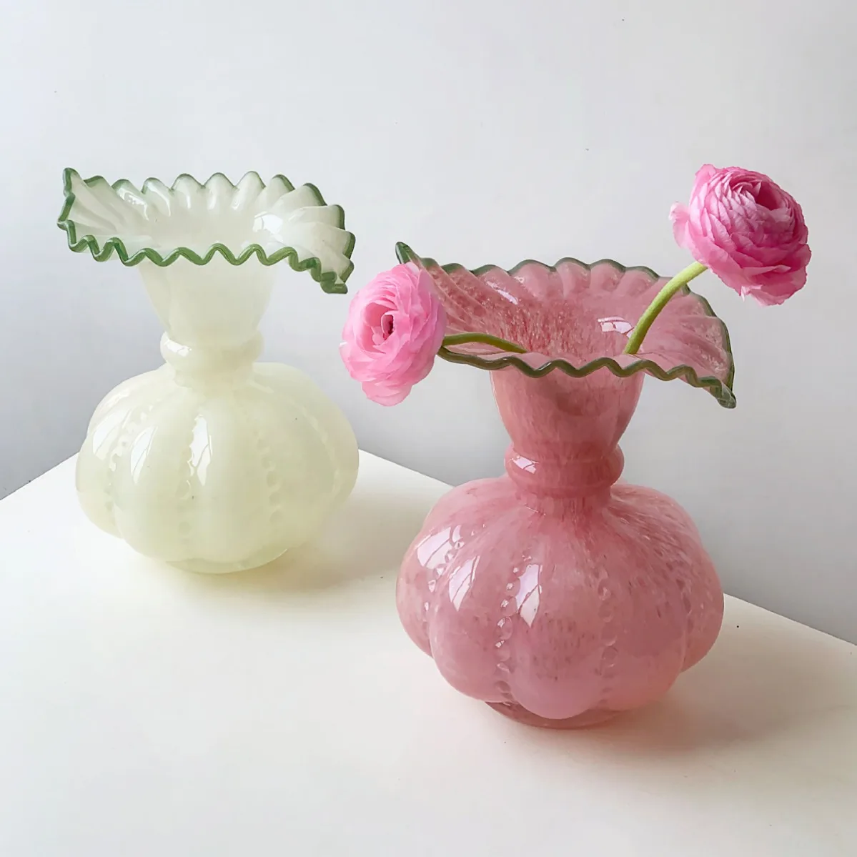 Middle Ancient Fenton Style Pumpkin Handmade Glazed Vase French Retro Flower Tabletop Ornament