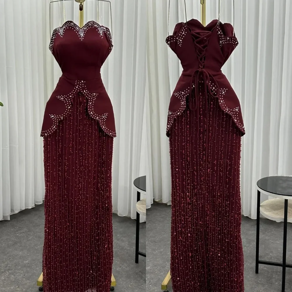 Customized Jersey Sparkle Rhinestone Strapless Lace-up Long Dresses Bespoke Occasion Women Luxury Evening Elegant Party Wedding