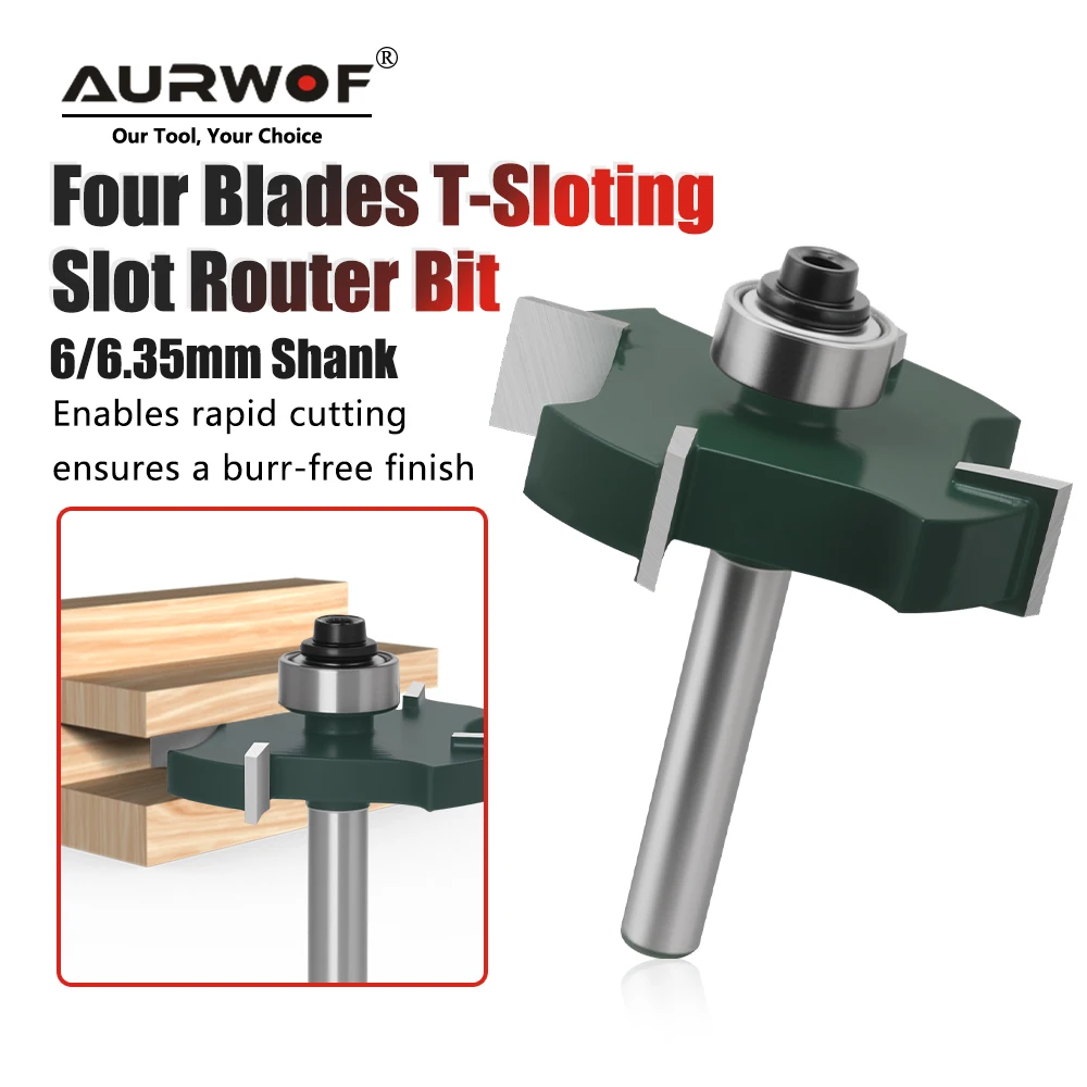 

AURWOF T-Slot Cutter 4 Flute Wood Milling Bit With Ball Bearing, 6mm & 1/4" Shank Router Bit For Woodworking C06319Z443
