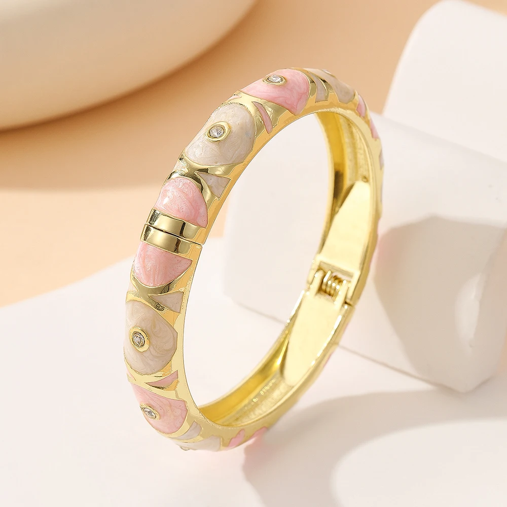 

Fashion style gold plated rhinestone charms pink enamel cloisonne bracelet bangle jewelry gift item for girls women