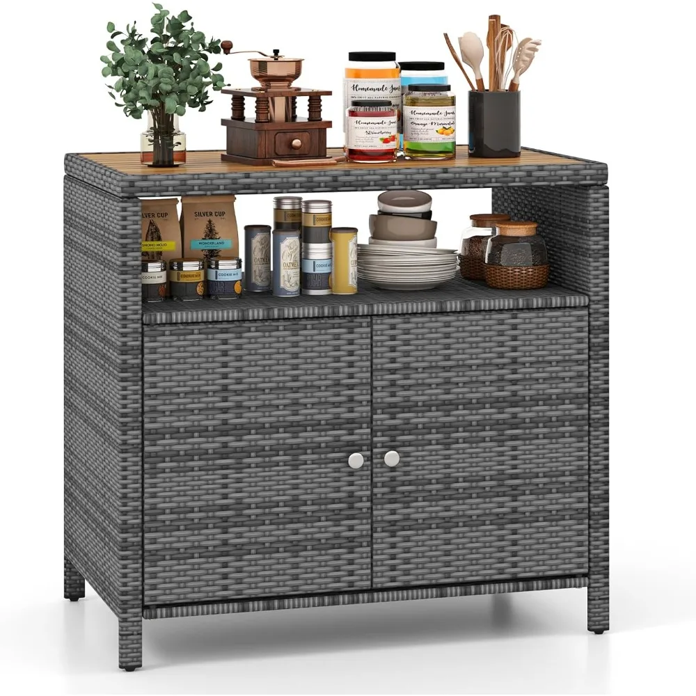 

Outdoor Bar Cabinet - PE Rattan Patio Bar Table w/Acacia Wood Countertop, Open Shelf & 2 Doors, Buffet Sideboard Organiz