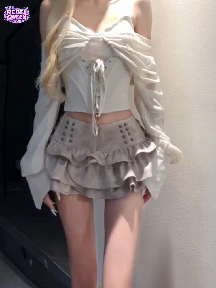 

Y2K Studded Faux Suede Tiered Mini Skirt Women Retro Grunge High Waist Ruffle Cake Skirt Fall Winter Sexy Club Short Skirt Chic