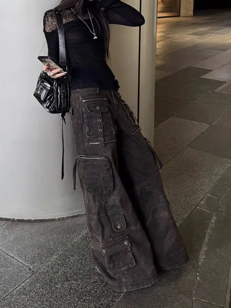 Women's Black Cargo Baggy Jeans Y2K Japanese Harajuku Streetwear 2000s Aesthetics Multi Pocket Vintage Jeans Pants Clothing 2025