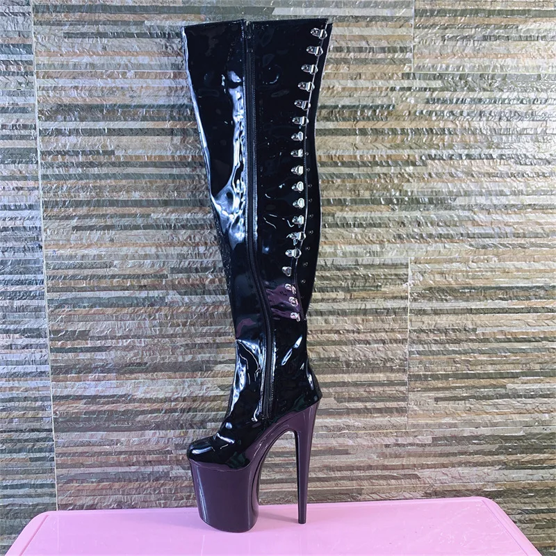 20 CM High Stripper Heeled Patent Leather Lace Up Thick Platform 8 Inches Over The Knee Women Boots Nightclub Pole Dancing Shoes