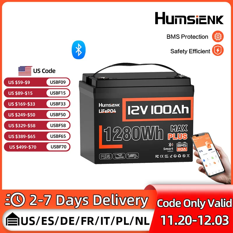 Humsienk 12V 100AH LiFePO4 batería de litio 1280Wh con Bluetooth/2 años de garantía/UL1973/GP24 para inversor, RV, campamento, carrito de golf, barco