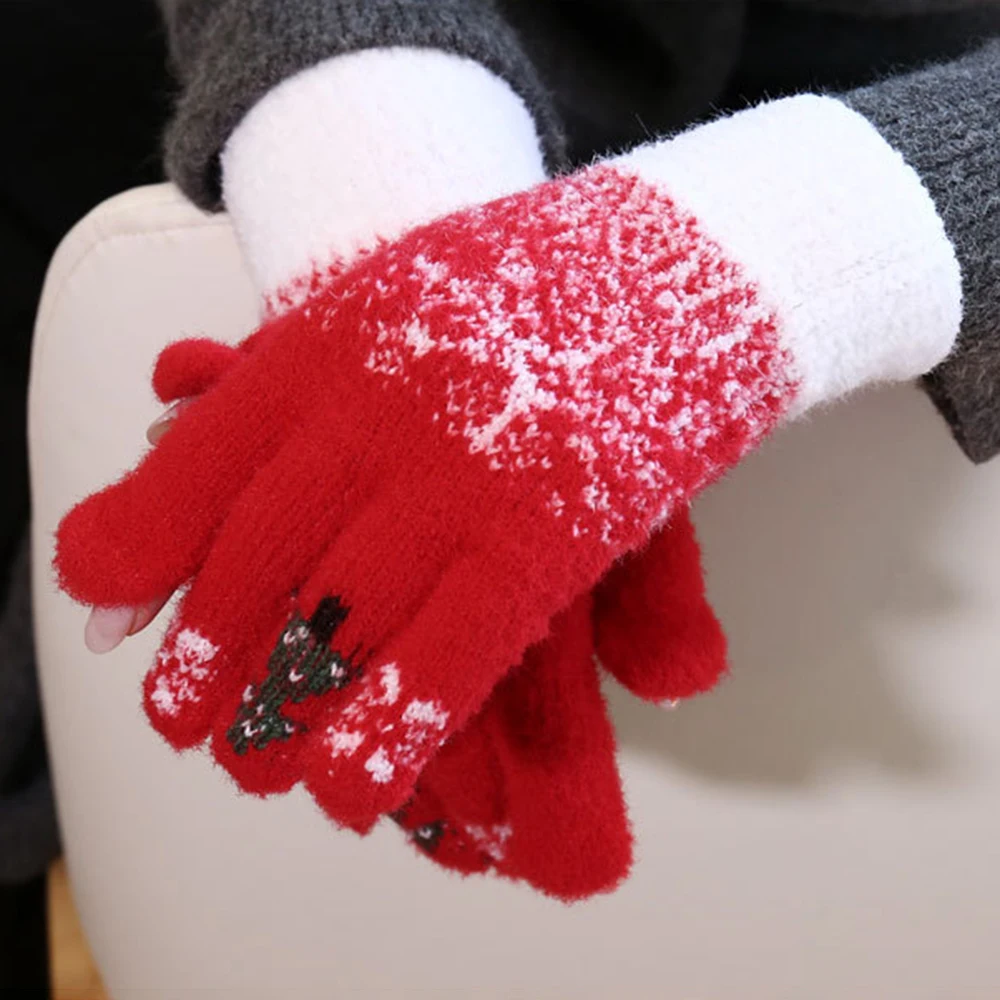 Cute Christmas Tree Snowflake Warm Gloves Knitted Touch Screen Gloves Women Girls Autumn Winter Fleece Thick Warm Riding Gloves