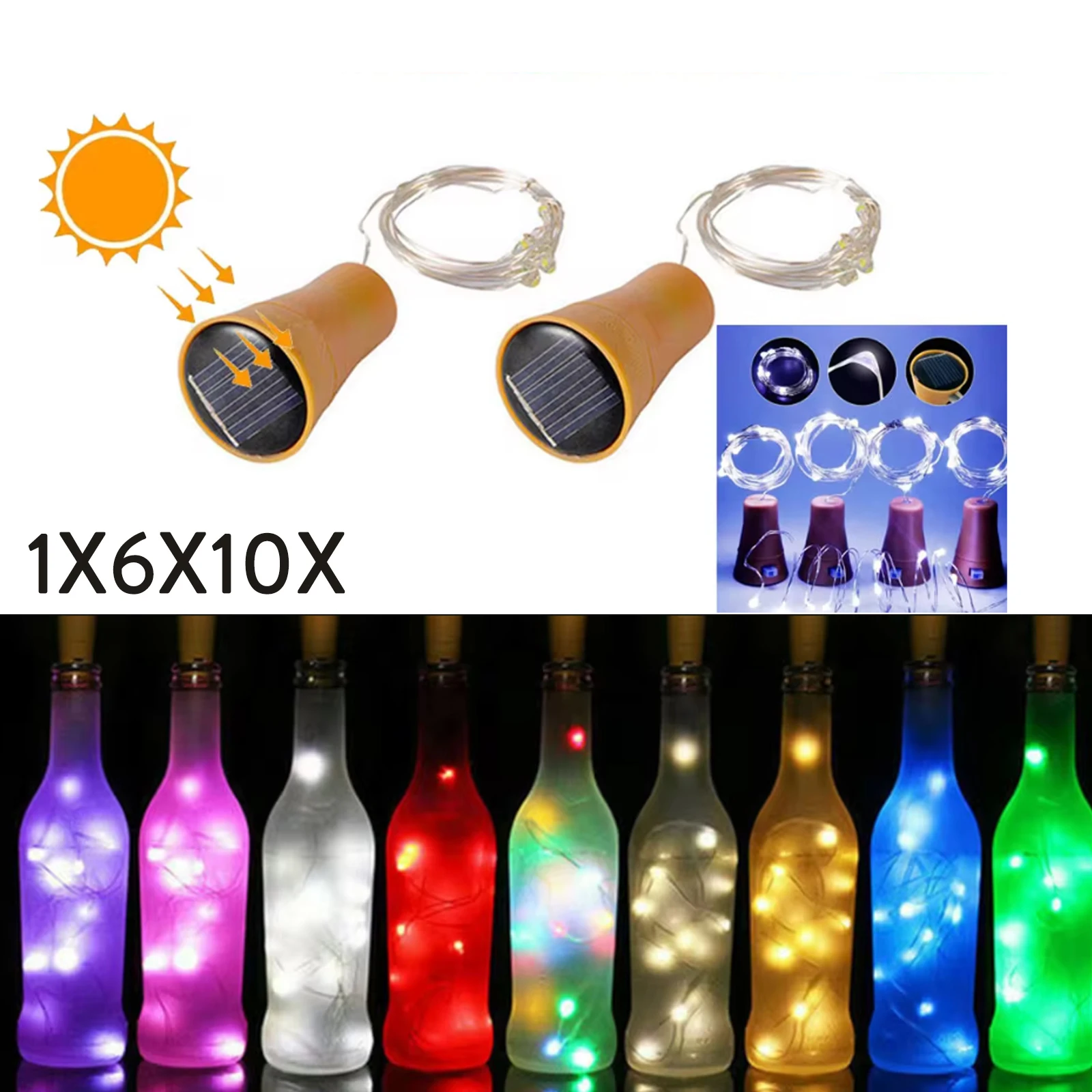 

10/6/1X Solar Wine Bottle Led String Fairy Light Holiday Powered 1m 10leds Christmas Waterproof Wire Lights Party Outdoor Decor