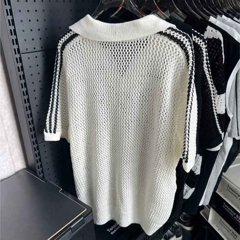 Summer Vintage Hollow Out Knitted Polo Shirt Mens Fashion Striped Short Sleeve V-neck Mesh Tops Couple Casual Knitting Jumper