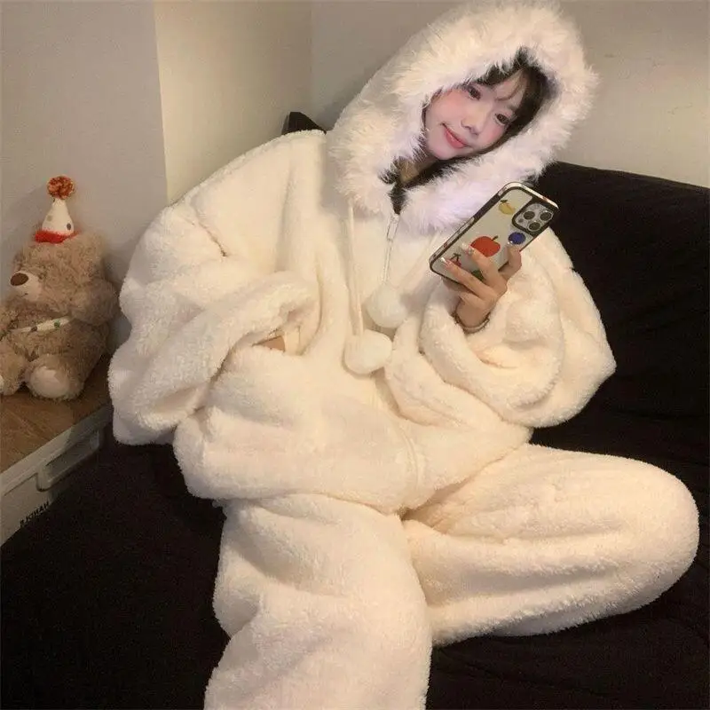 طقم بيجامة نسائي من الصوف المرجاني من Pjs بيجامة شتوية دافئة ملابس منزلية عصرية، طقم بيجامة لطيف وناعم #1