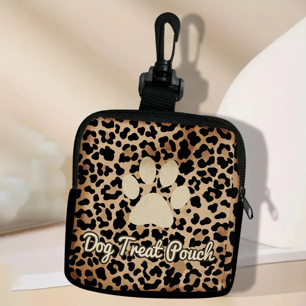 Stylish Leopard Print Pet Treat Pouch with Paw Print Portable Pet Training Bag Multi-Functional Zippered Storage Bag with Hook