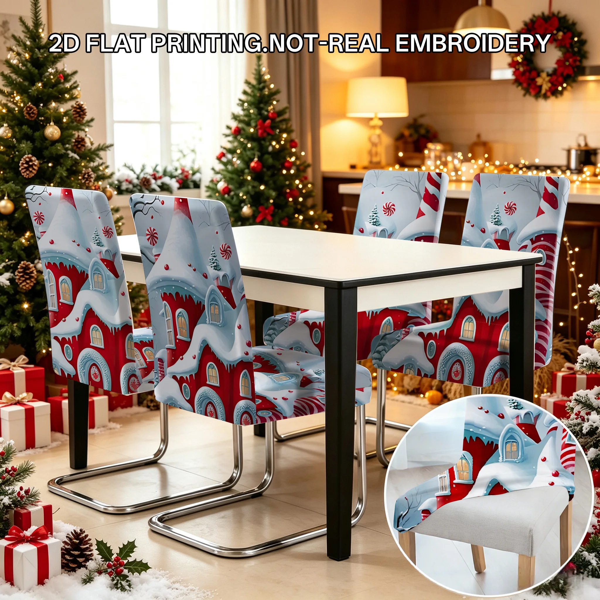 2/4/6PCS Christmas snow fairy tale cottage dining chair covers 2D flat printed snow view Christmas restaurant holiday decoration