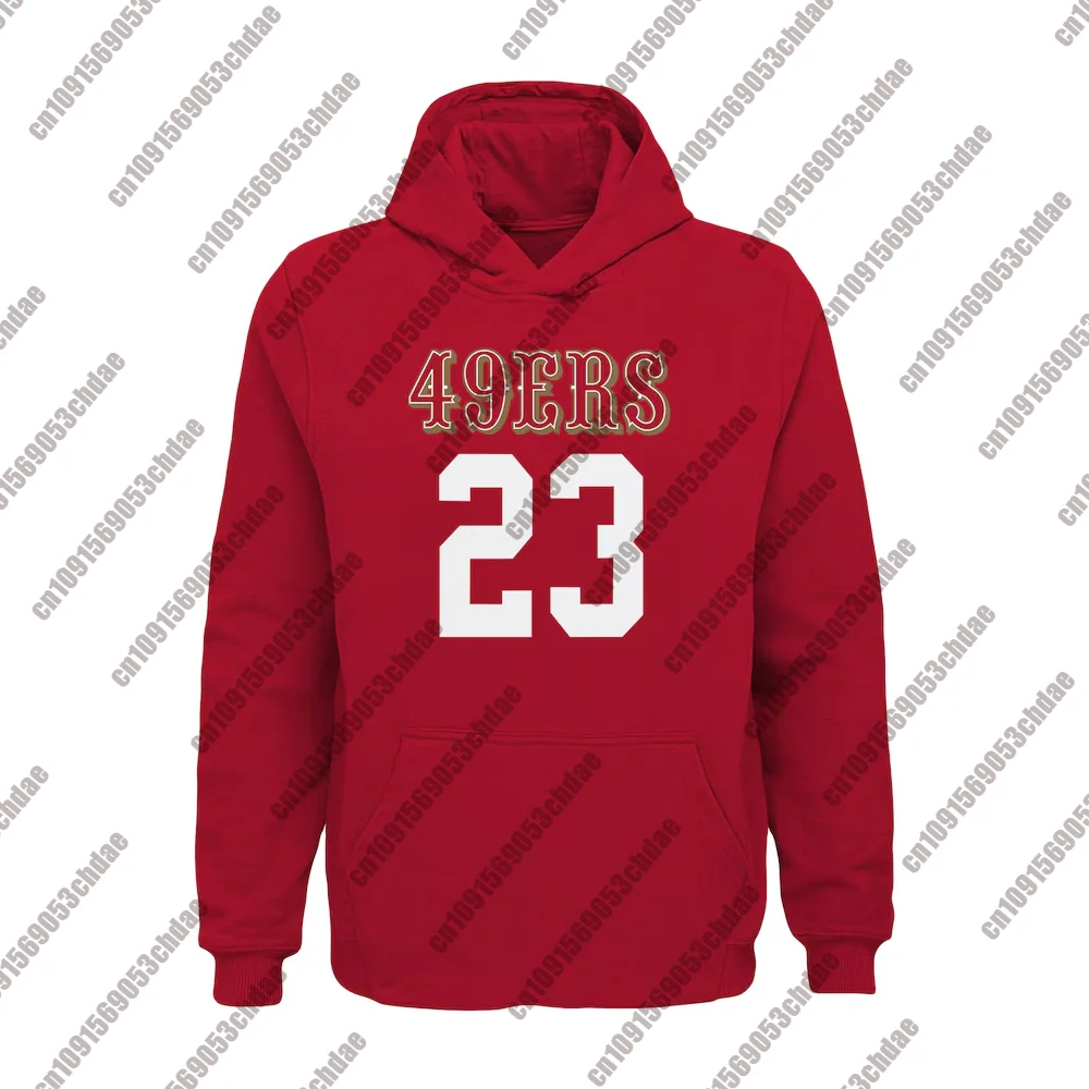 Adult Youth Kids 49ers Christian McCaffrey Scarlet Rugby Pullover Hoodie Men's Popular Street Sport Unisex Rugby Sweatshirt