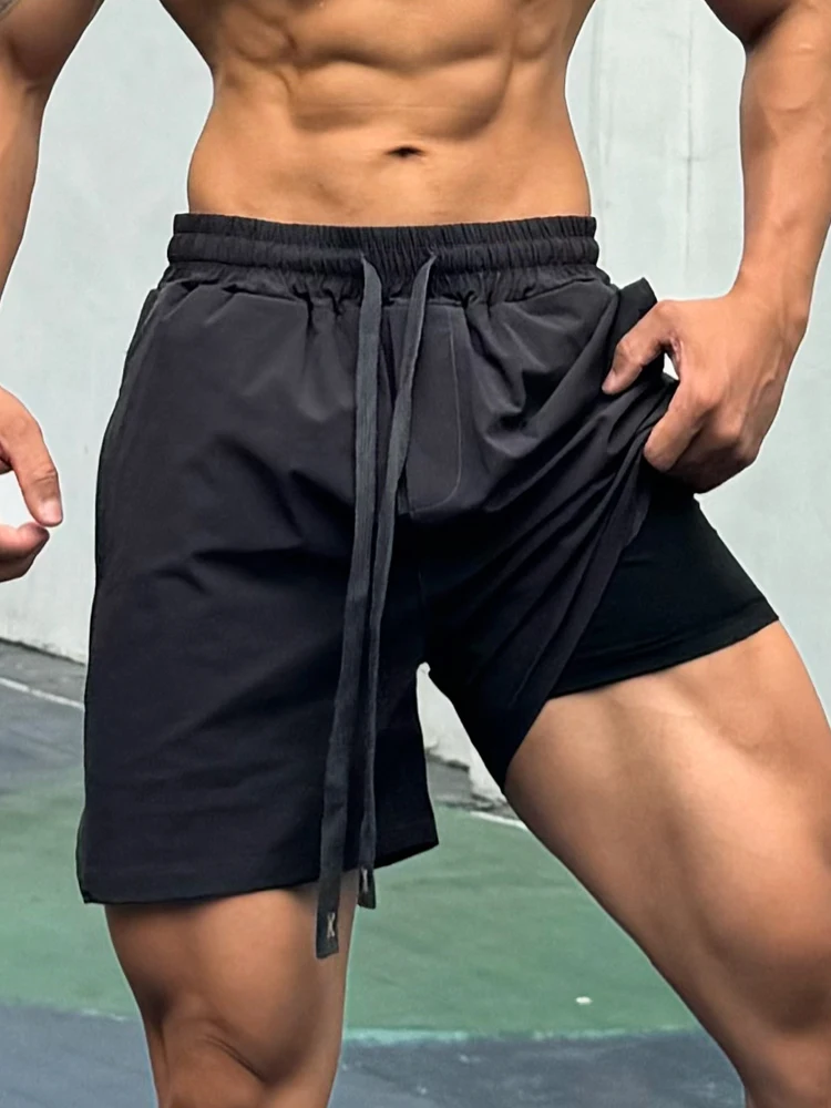 Men's Sporty Quick Dry Breathable Shorts with Inner  Fitness Running Anti-Light Double Layer Pants Standard Waist Nylon