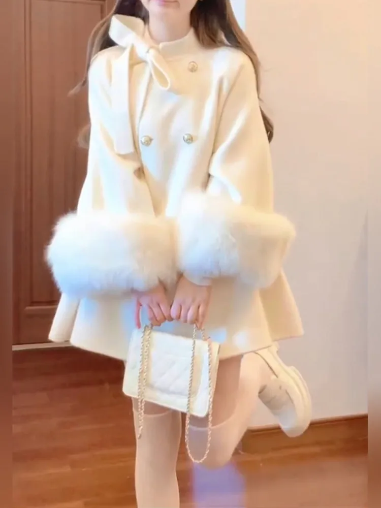 

Elegant Luxury Bow Double-breast White Long Coat Cloak Celebrity Retro Fall Winter Fur Cuff Sleeve Jacket Loose A Line Outwear