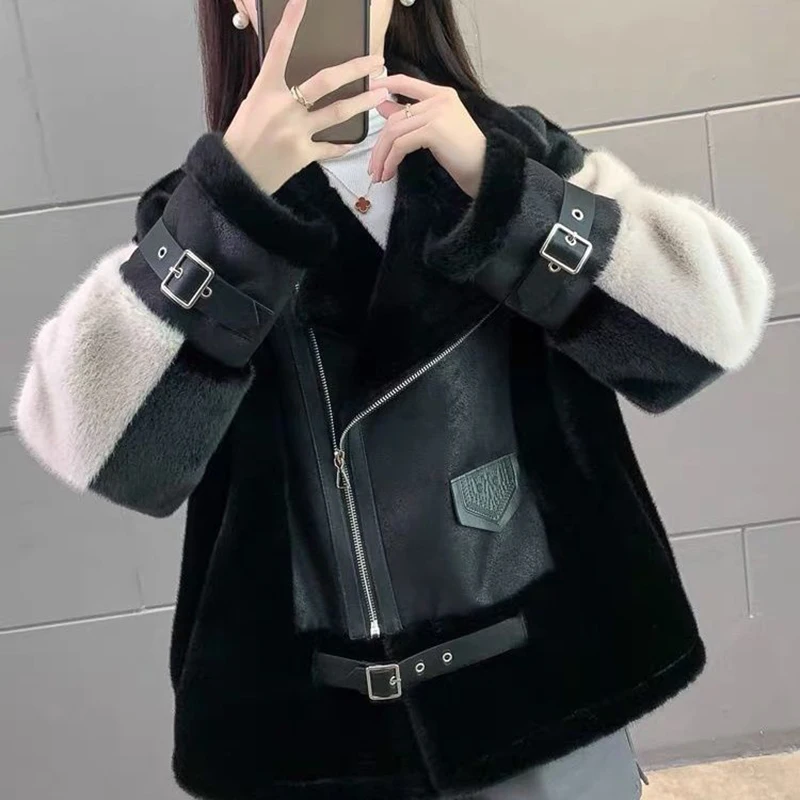 New Autumn Winter Fur One Motorcycle Short Jacket Outwear Women's Stitching Contrast Color European Mink Fleece Motorcycle Coat