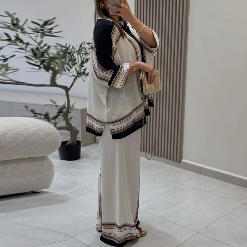 Fashion Color Blocked Women's Commute Outfit Autumn Casual Loose Soft Vacation Sets Elegant V-neck Half Sleeve Shirts&Pants Sets