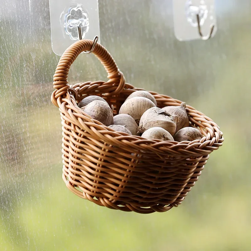 Cesta de almacenamiento de plástico colgante para flores, plantas, maceta, cesta tejida a mano con asa para cocina, organizador, decoración de la