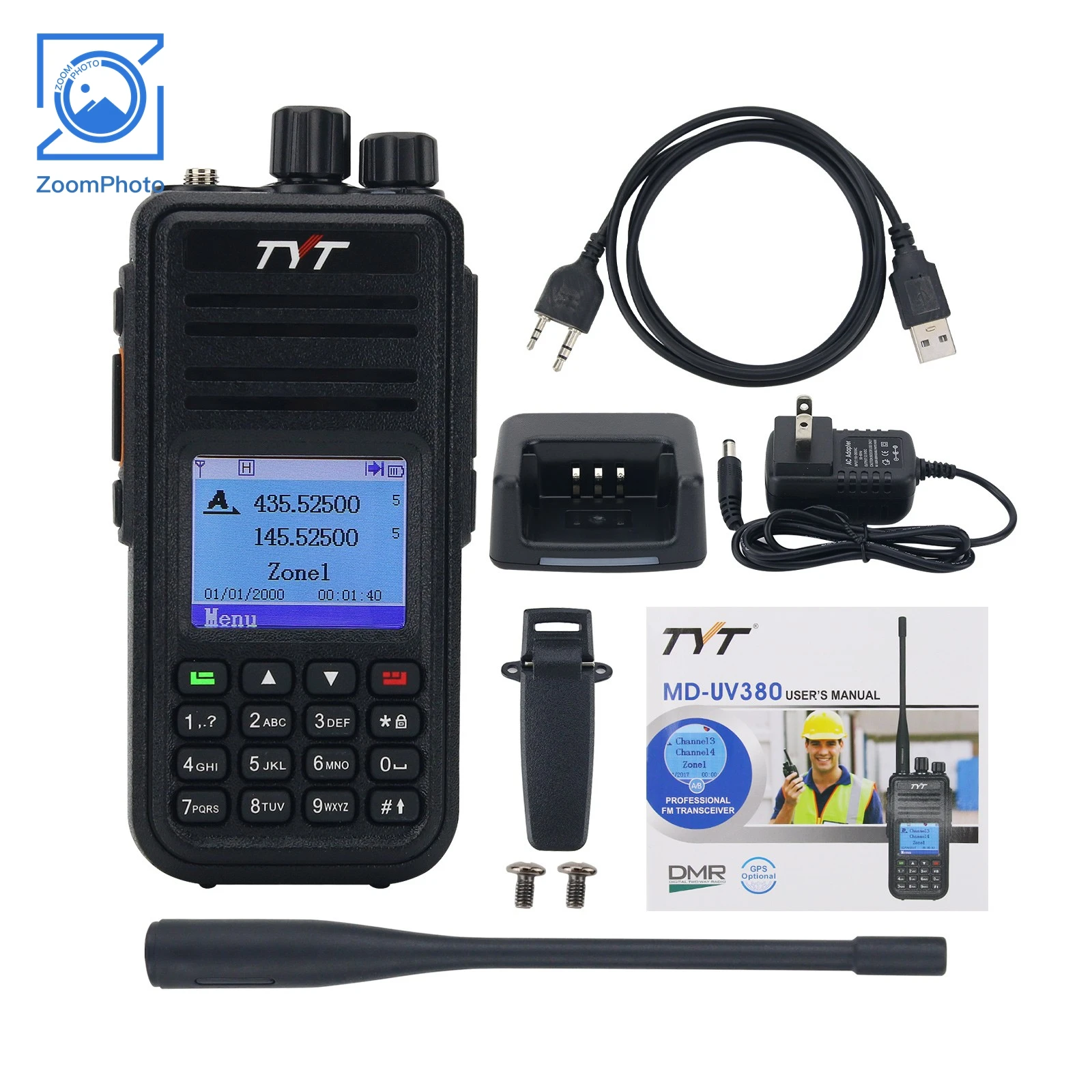 TYT MD-UV380 Plus 5W 5KM VHF UHF DMR Transceiver Walkie Talkie Handheld Transceiver with Programming Cable