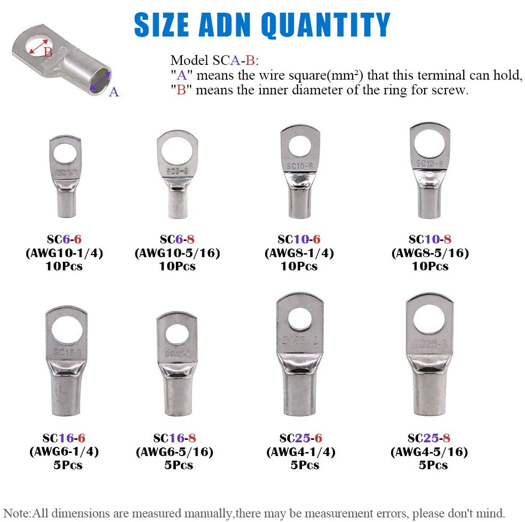REALLY SC25-6 25-8 25-10 25-12 Copper Cable Lug Kit Bolt Hole Tinned Cable lugs Battery Terminals copper nose Wire connector