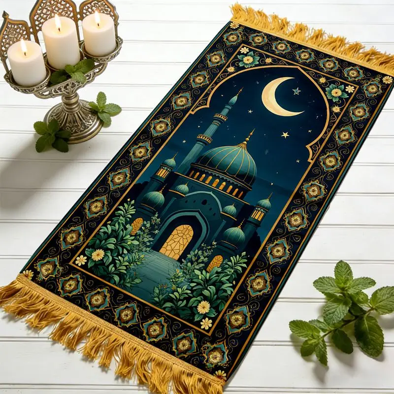 VIKAMA Deep Blue Night View Mosque Arch Worship Carpet Wear resistant Portable Home Worship Mosque Pilgrimage