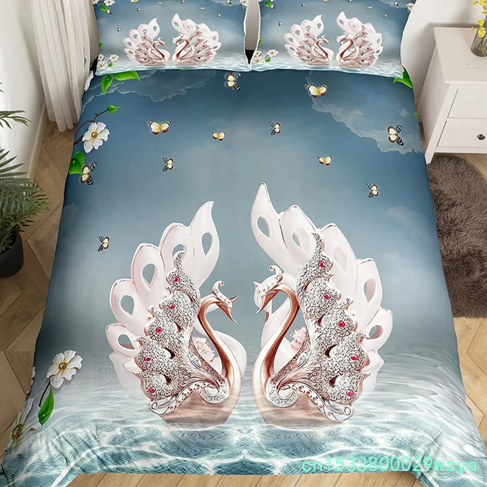 Romantic Swan Duvet Cover Set King Wild Animal Comforter Cover Butterfly Floral Bedding Set For Valentine's Day Wedding Decor