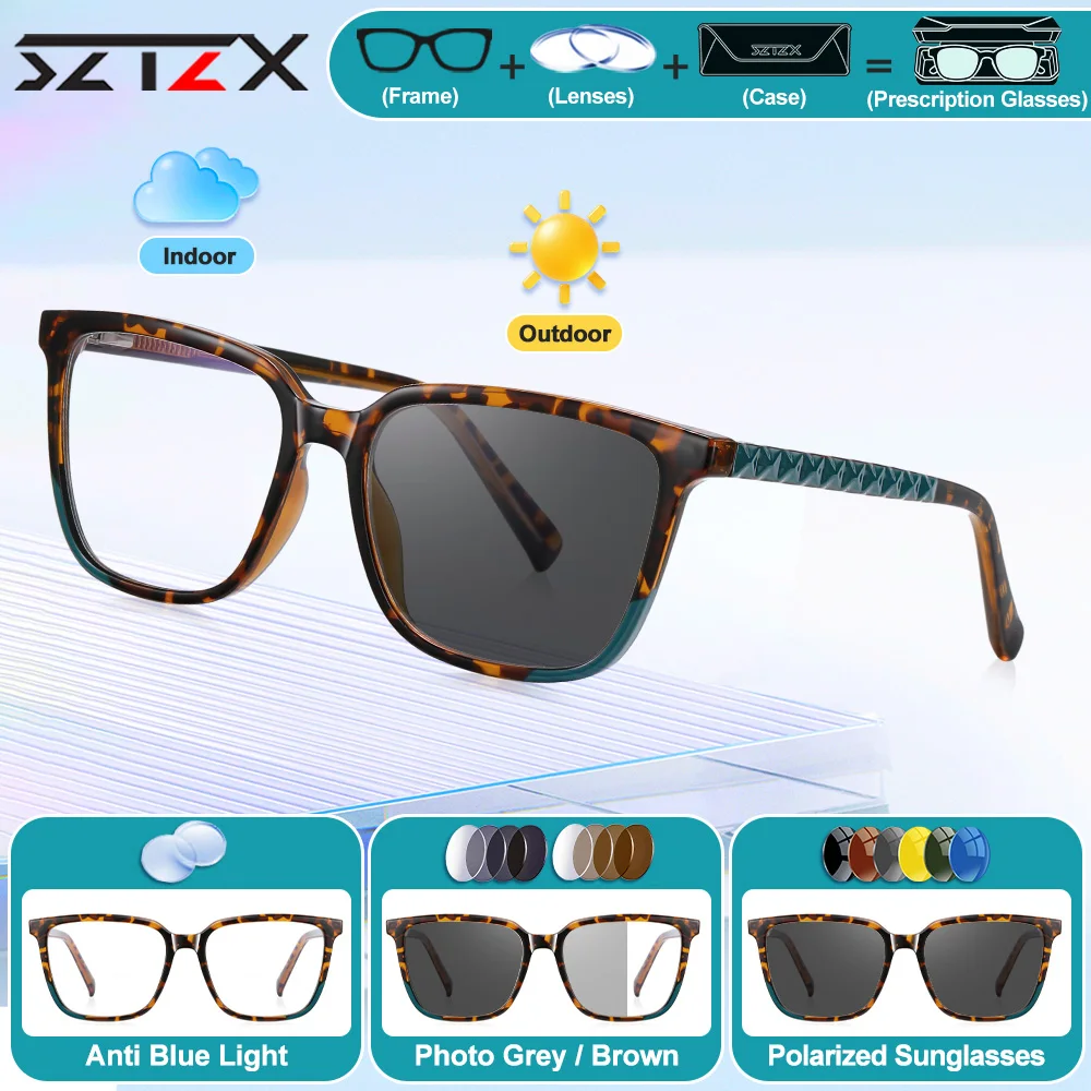 

SZTZX Fashionable Women's Square Photochromic Computer Glasses Anti Blue Light Myopic Hyperopia Prescription Optical Eyeglasses