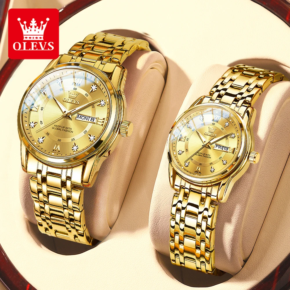 Olevs 5513 Fashion Couple Horloge Roestvrij Staal Waterdichte Dubbele Kalender Trendy Quartz Horloge Voor Mannen En Vrouwen Origineel Horloge