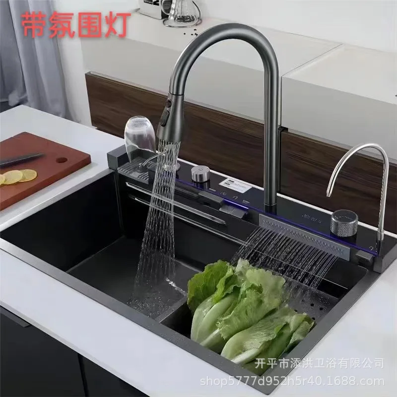 Stainless steel kitchen large single slot piano button nano honeycomb digital display sink set household pulling faucet