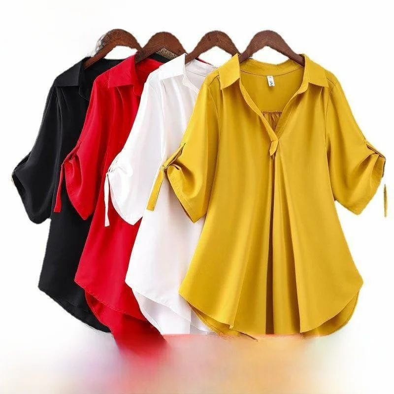 

plus Size Women's Summer Blouse irt Street Sle ort Sve Pure Color Top Quali Fabric Ladies Faion Casual Wear