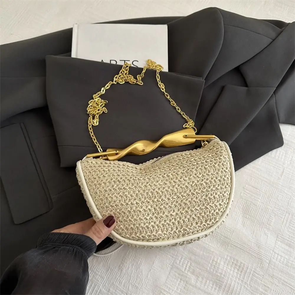 

Bohemian Half-Moon Weave Bag Gold Handle Hollowed Out Chain Crossbody Bag Handbag Large Capacity Straw Shoulder Bag Vacation