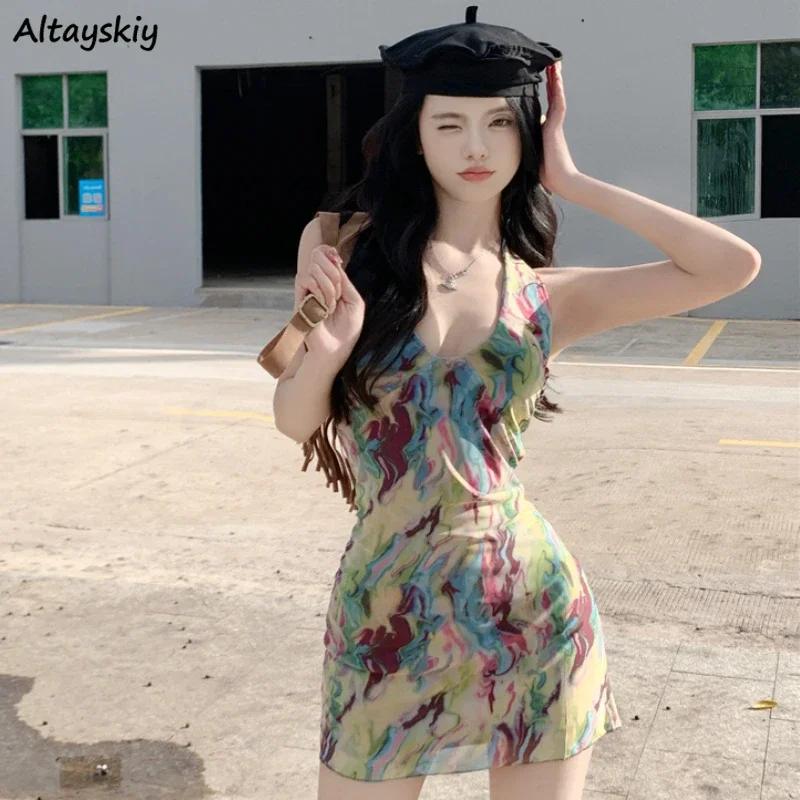 여성용 민소매 드레스, Y2k 레트로 타이 다이, 섹시 핫 스위트 여성 휴가 선드레스, 패션 백리스 시크 여름 미니 드레스