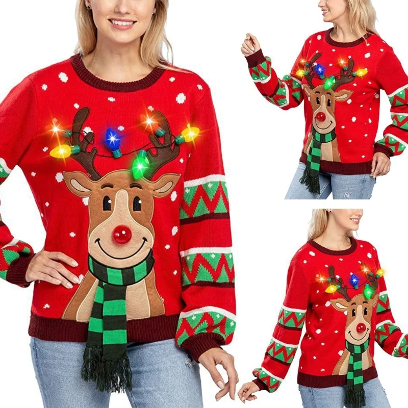 Women LED Light Up Holiday Sweater Christmas Cartoon Reindeer Knit Pullover Top