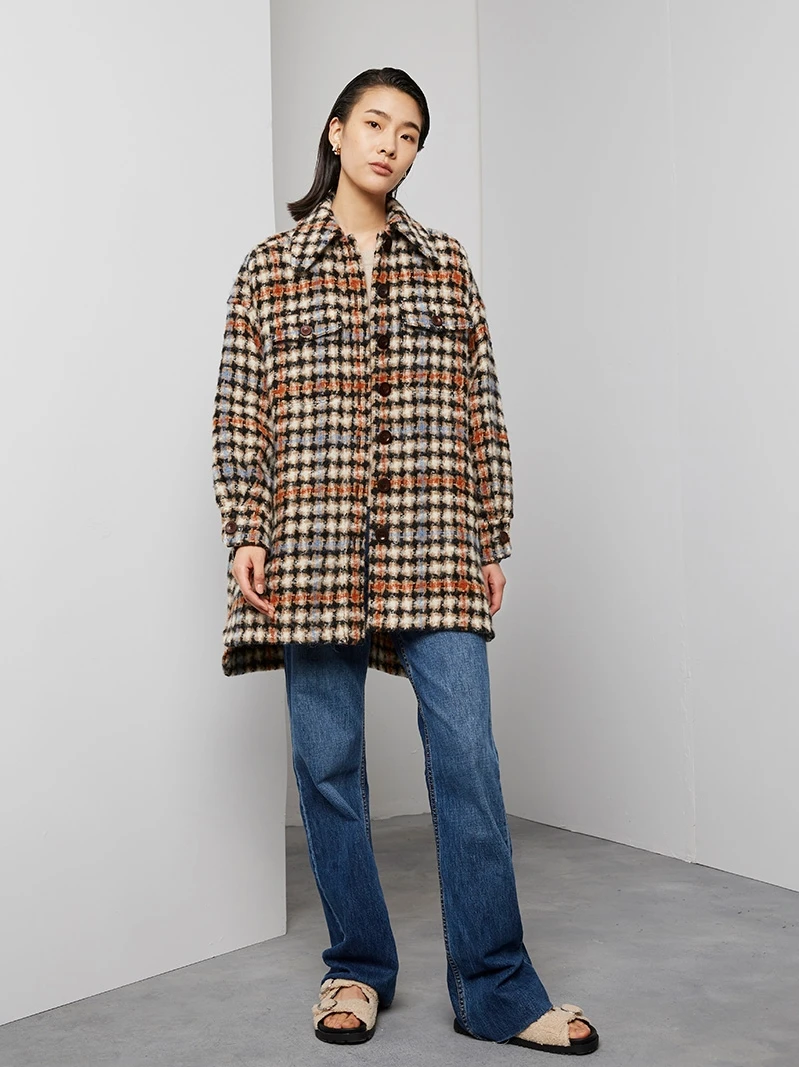 

wei Premium Feeling Alpaca Wool irt Sle Loose Coat Outerwear Street Sle Cheed Pattern Long Sve Collar