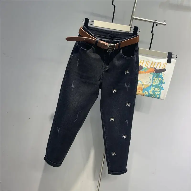 New Black Butterfly Embroidered Denim Trousers Loose High Waist Large Size Elastic Small Feet Harlan Cargo Pants Streetwear Men