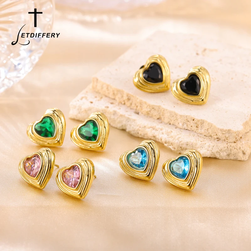Letdiffery Vintage Gold Tone Heart Earrings with Zircon for Women Stainless Steel Colorful Love Heart Studs Jewelry Gift for Her