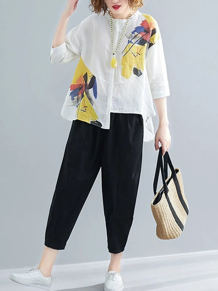 2 Piece Sets Women Summer Casual Pants Suits New Arrival 2022 Vintage Style Loose Female Cotton Shirt And Harem Pants D257