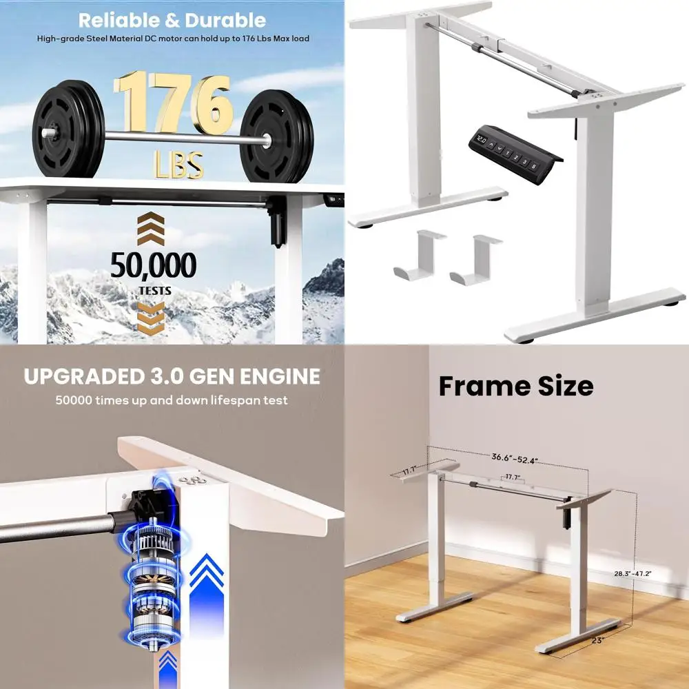 

Electric Height-Adjustable Desk Frame, 37-77.5 Range, 176 lbs Capacity, White, with Memory Presets